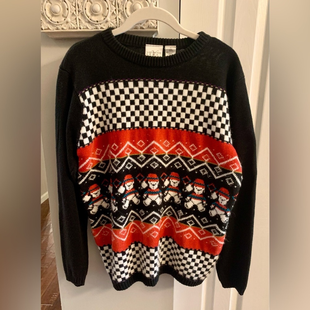 Liz Claiborne Black and Red Vintage Christmas Teddy Bear Crewneck Sweater - M